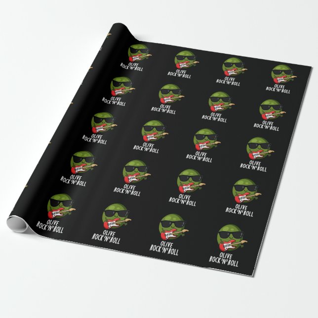Olive Rock And Roll Funny Rocker Olive Pun Dark BG Wrapping Paper (Unrolled)
