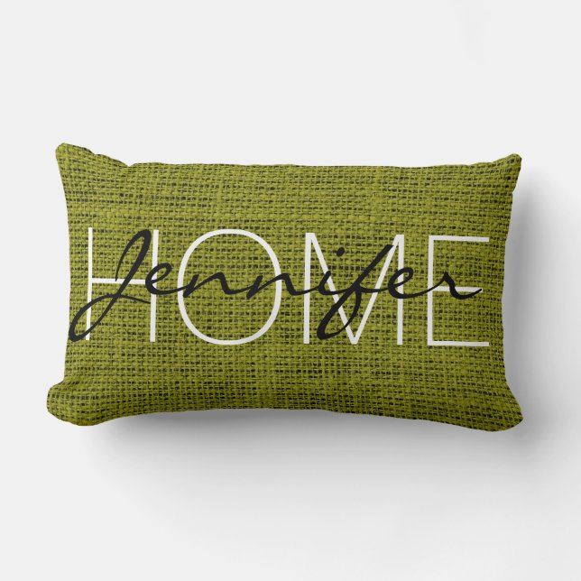 Olive Rustic Burlap Monogram Lumbar Cushion (Front)