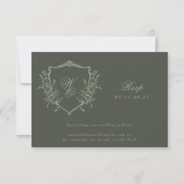 Olive Sage Crest Classic QR CODE Wedding Website RSVP Card (Front)