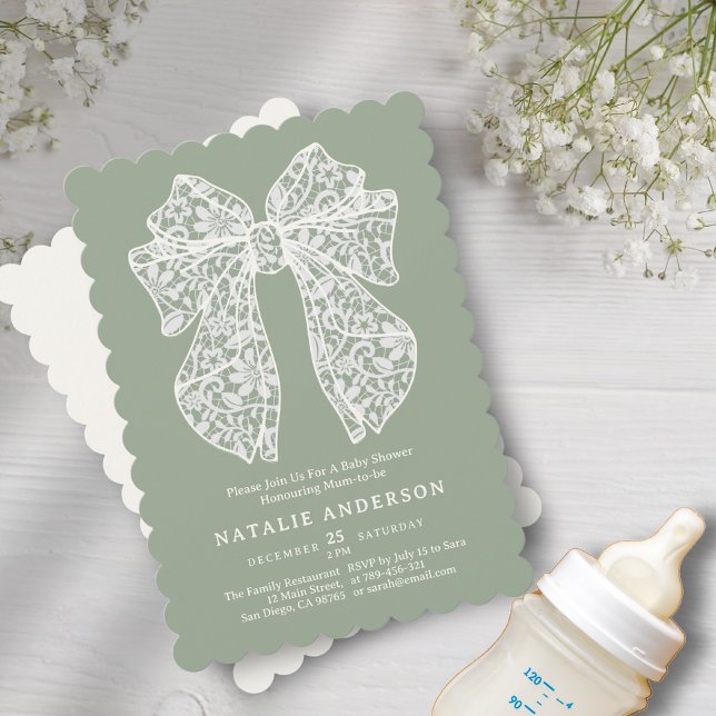 Olive Sage Green Floral Lace Coquette Baby Shower Invitation (Olive Sage Green Floral Lace Coquette Baby Shower Invitation)