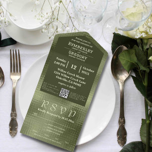 Olive Sage Green Shimmer Background QR Code All In One Invitation