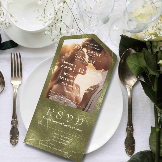 Olive Sage Green Shimmer Line Background Photo All In One Invitation (Creator Uploaded)