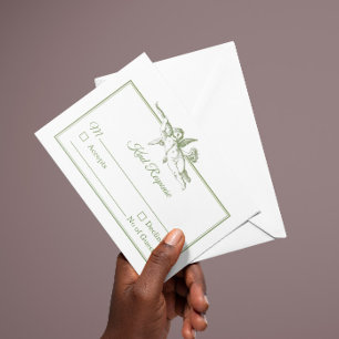 Olive Sage Toile de Jouy Cherub Wedding RSVP Card