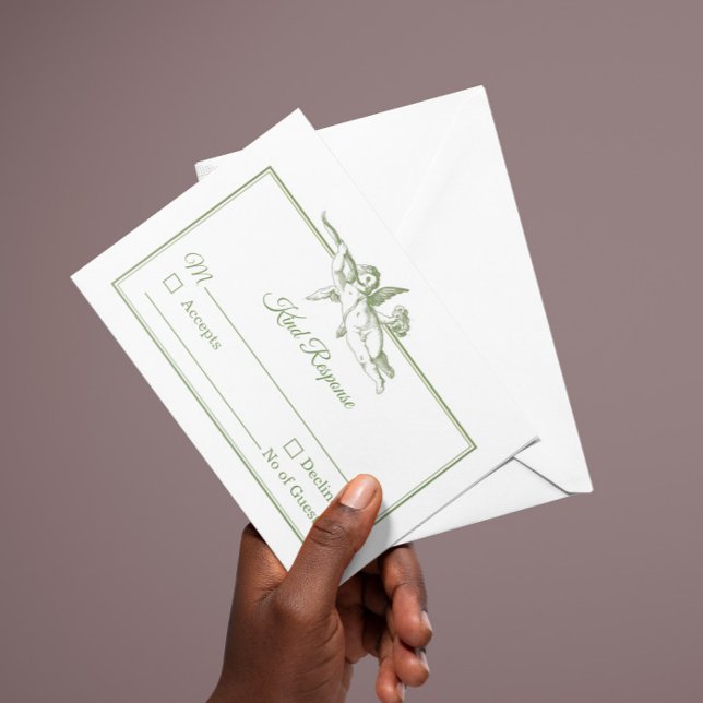 Olive Sage Toile de Jouy Cherub Wedding RSVP Card (Creator Uploaded)