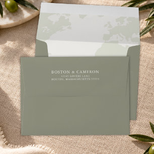 Olive Sage World Map Travel Wedding Return Address Envelope