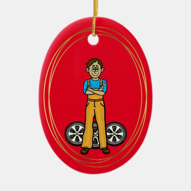 Olive Skin Male Mechanic Christmas Ornament +Name (Front)