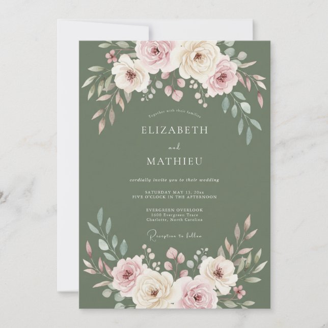 Olive Soft Blush Ranunculus Eucalyptus Wedding Invitation (Front)