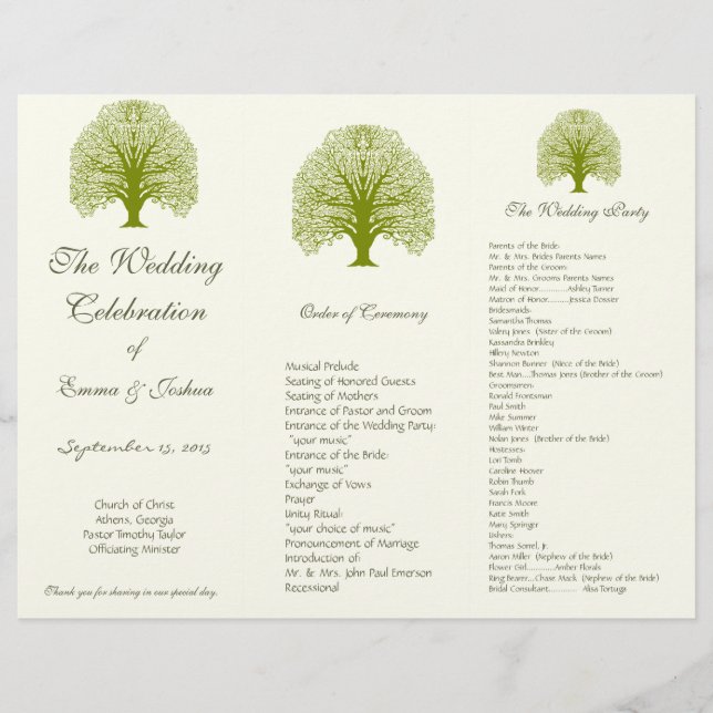 Olive Swirl Tree TriFold Wedding Program (Front)
