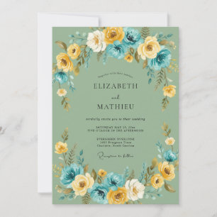 Olive Teal Ranunculus Eucalyptus Wedding Invitation