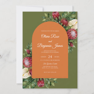 Olive Terracotta Protea Eucalyptus Wedding Invitation