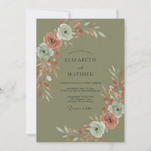 Olive Terracotta Ranunculus Eucalyptus Wedding Invitation
