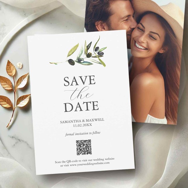 Olive Theme Photo QR Code Save The Dates Save The Date (QR code save the date invitations with photo and olive branch. )