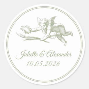 Olive Toile de Jouy Cupid Classic Round Wedding St Sticker