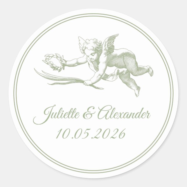 Olive Toile de Jouy Cupid Classic Round Wedding St Sticker (Front)