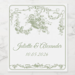 Olive Toile de Jouy Wedding Bottle Label 