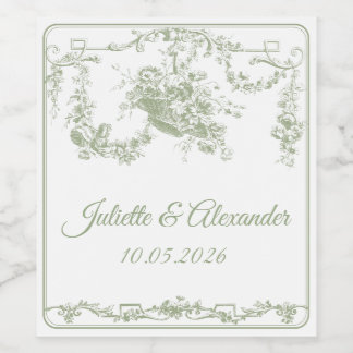 Olive Toile de Jouy Wedding Bottle Label