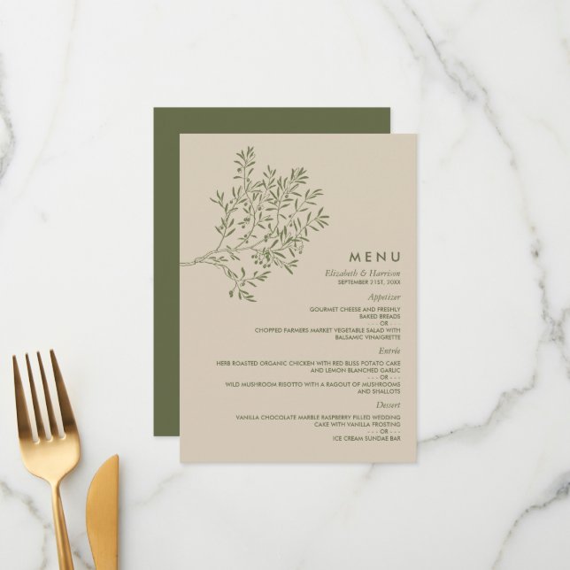 Olive Tree Branch, Rustic & Minimalistic Wedding Menu (Front/Back In Situ)