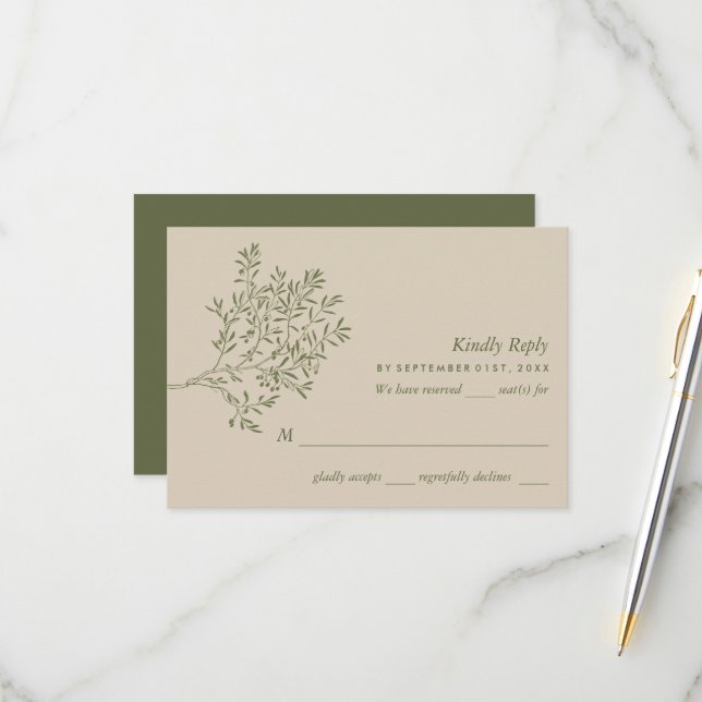 Olive Tree Branch, Rustic & Minimalistic Wedding RSVP Card (Front/Back In Situ)