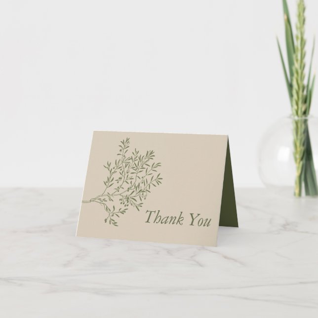 Olive Tree Branch, Rustic & Minimalistic Wedding Thank You Card (Front)