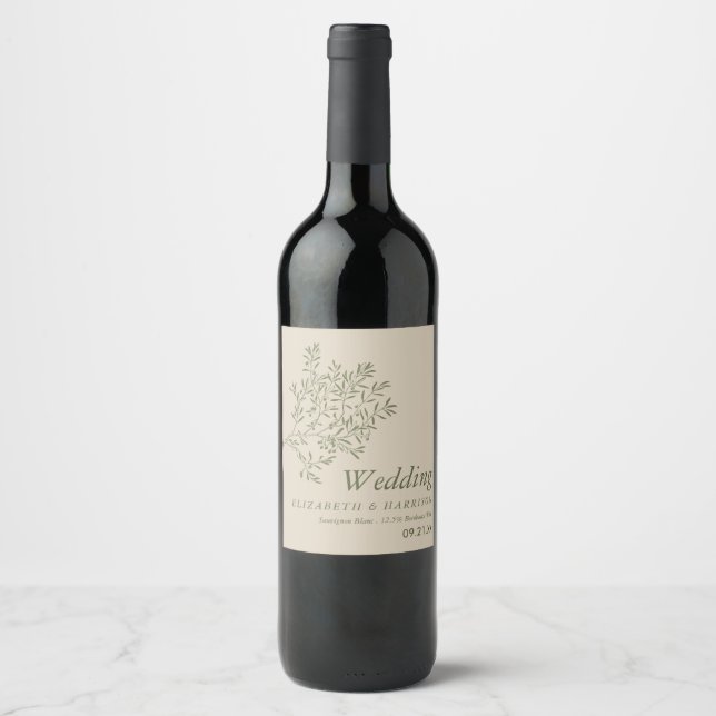 Olive Tree Branch, Rustic & Minimalistic Wedding Wine Label (Front)