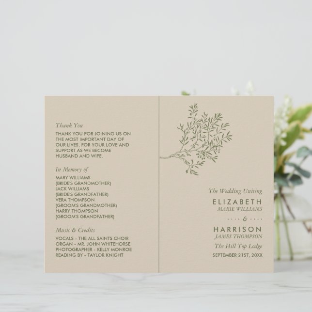 Olive Tree Branch, Rustic Wedding Programme (Standing Front)