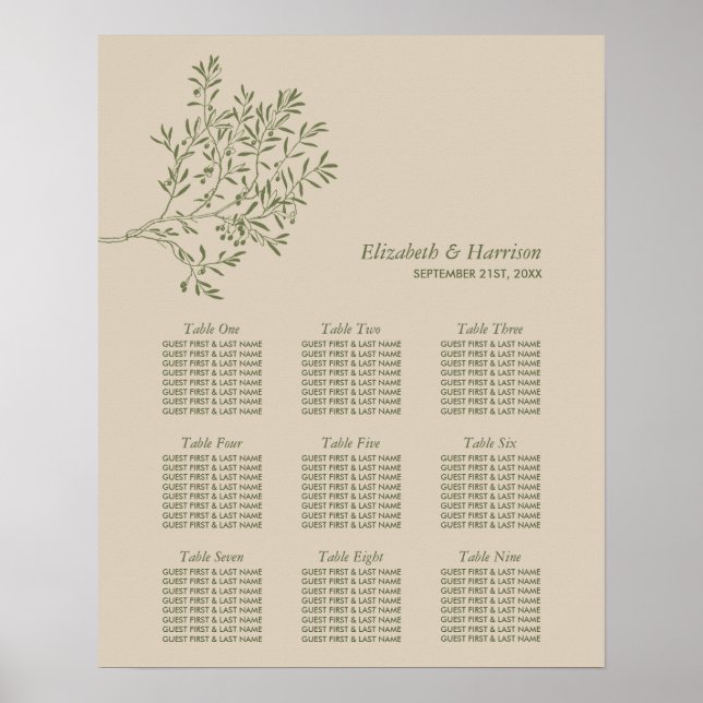 Olive Tree Branch, Rustic Wedding Seating Chart (Front)