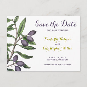 Olive Tree Branch Save the Date   Green Purple Announcement Postcard