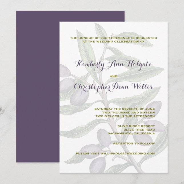 Olive Tree Branch Wedding | Green Purple Invitation (Front/Back)