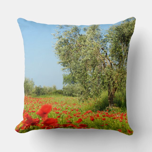Olive tree in poppy field throw pillow (Front)