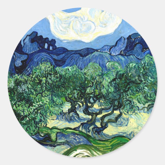 Olive Trees with Alpilles (1889) Van Gogh Fine Art Classic Round Sticker (Front)