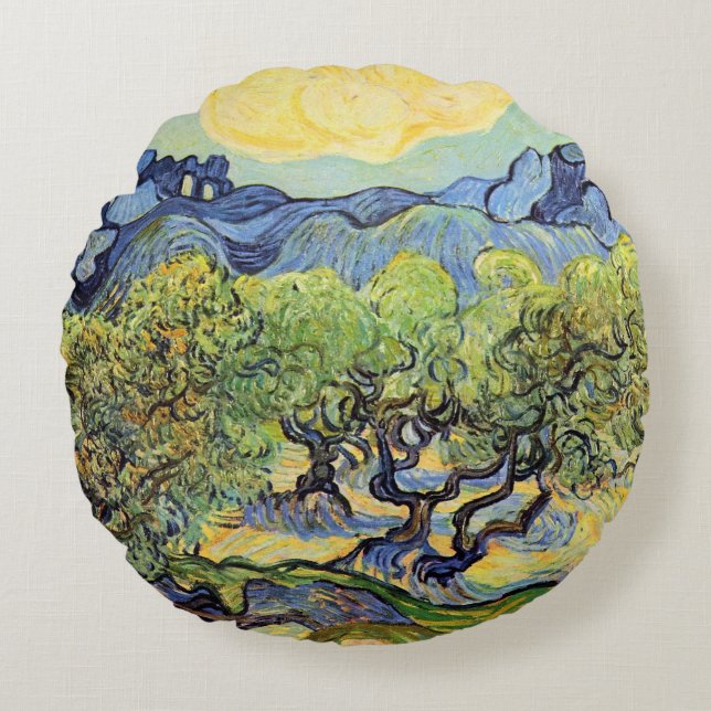 Olive Trees with Alpilles by Vincent van Gogh Round Cushion (Front)