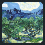 Olive Trees with Alpilles landscape art Van Gogh Square Sticker<br><div class="desc">These stunning ”Olive Trees with Alpilles" (1889) landscape painting stationery paper stickers are adorned with the master Impressionist painter Vincent Van Gogh's ethereal Post-Impressionist depiction of an olive tree wood. Vincent van Gogh's painting Olive Trees with the Alpilles in the backdrop depicts a sweltering June day in southern France. The...</div>