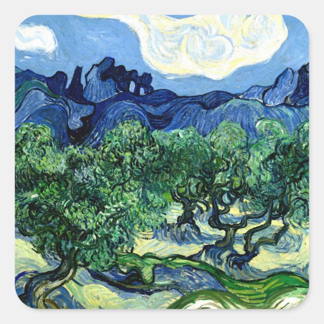 Olive Trees with Alpilles landscape art Van Gogh Square Sticker (Front)