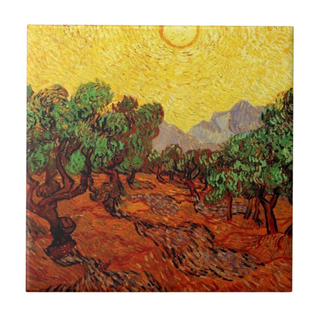 Olive Trees with Yellow Sky and Sun Ceramic Tile (Front)