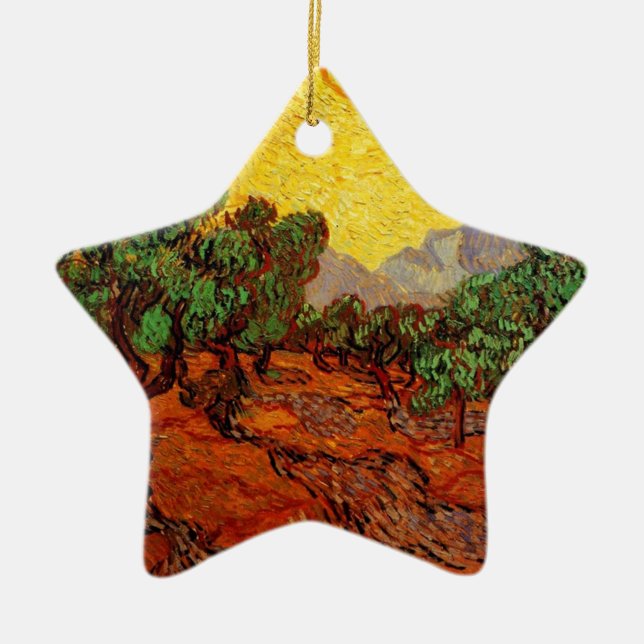 Olive Trees with Yellow Sky and Sun Ceramic Tree Decoration (Front)