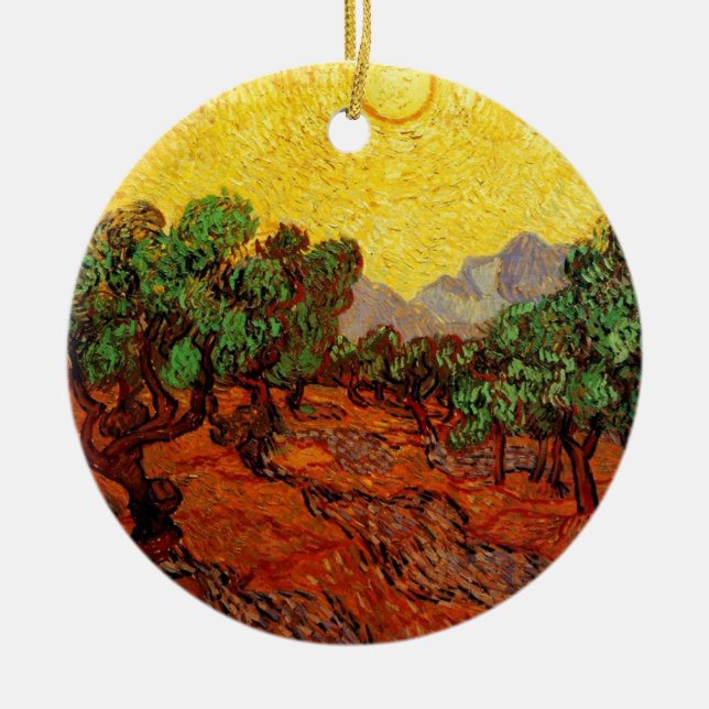 Olive Trees with Yellow Sky and Sun Ceramic Tree Decoration (Front)