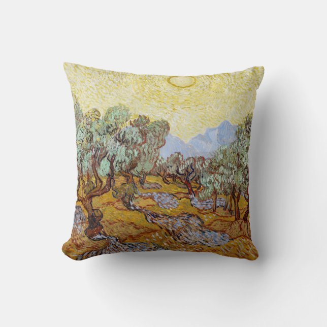 Olive Trees with yellow sky and sun  Cushion (Front)