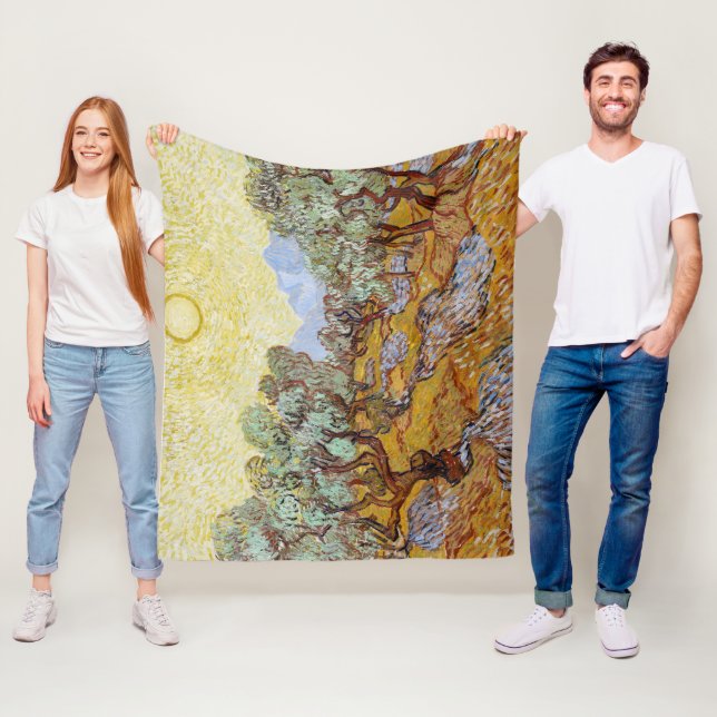 Olive Trees with yellow sky and sun  Fleece Blanket (In Situ)