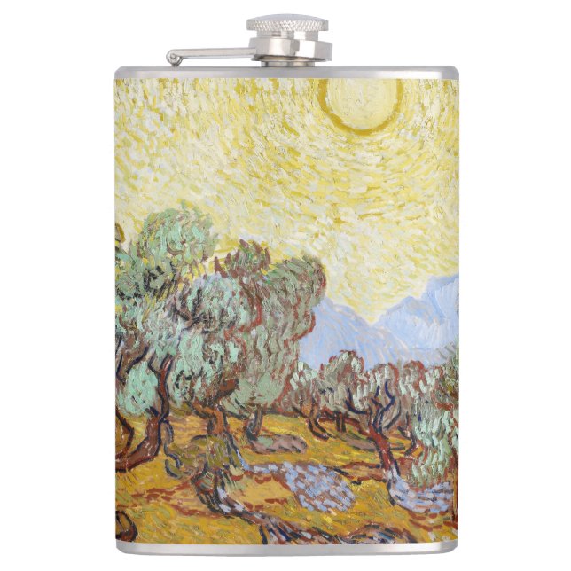 Olive Trees with yellow sky and sun   Hip Flask (Front)