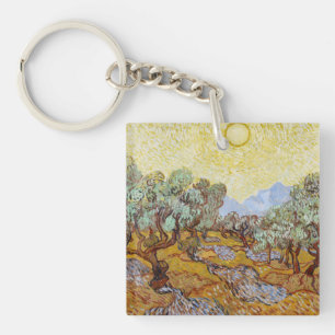 Olive Trees with yellow sky and sun Key Ring