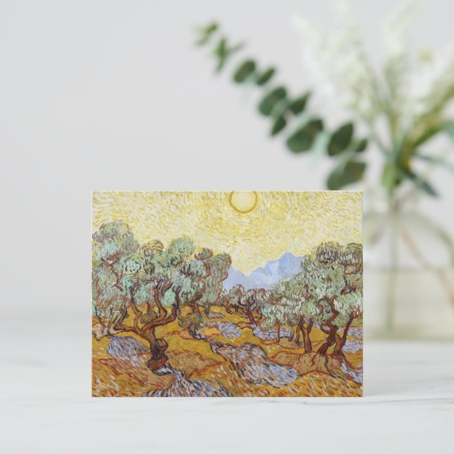 Olive Trees with yellow sky and sun  Postcard (Standing Front)