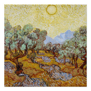 Olive Trees with yellow sky and sun Poster