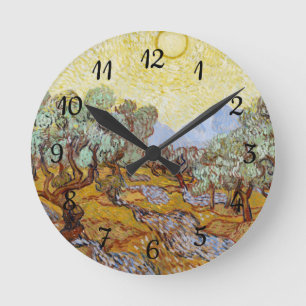 Olive Trees with yellow sky and sun Round Clock