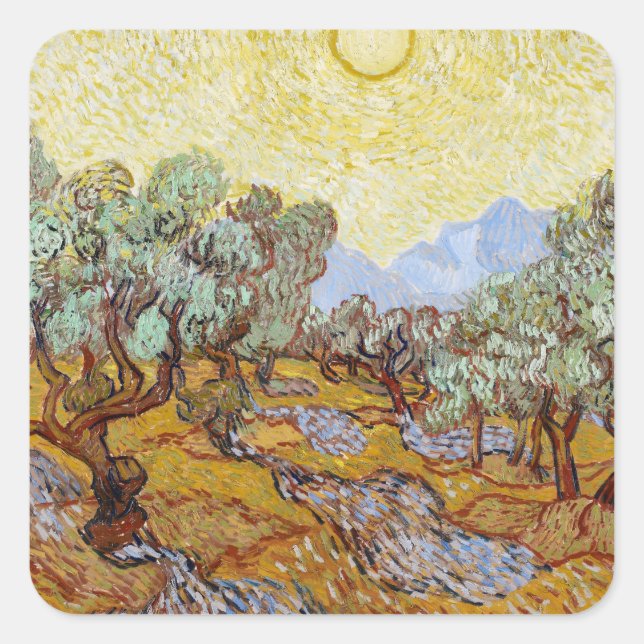 Olive Trees with yellow sky and sun    Square Sticker (Front)