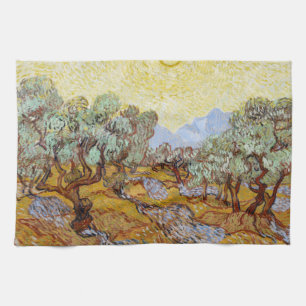Olive Trees with yellow sky and sun Tea Towel