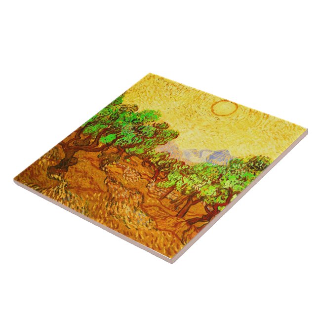 Olive Trees Yellow Sky & Sun Van Gogh Fine Art Ceramic Tile (Side)