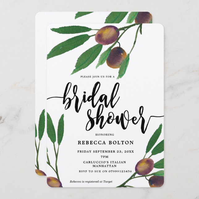 olive tuscan modern kraft bridal shower invite (Front/Back)