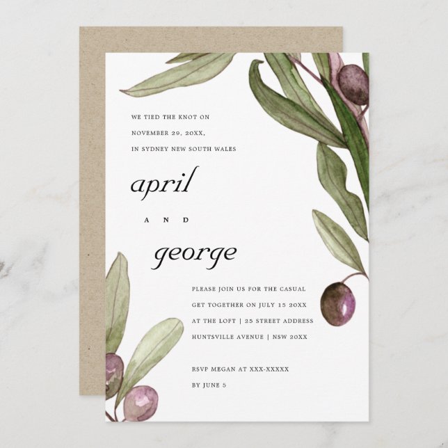 OLIVE WATERCOLOR FOLIAGE WE TIED THE KNOT INVITE (Front/Back)
