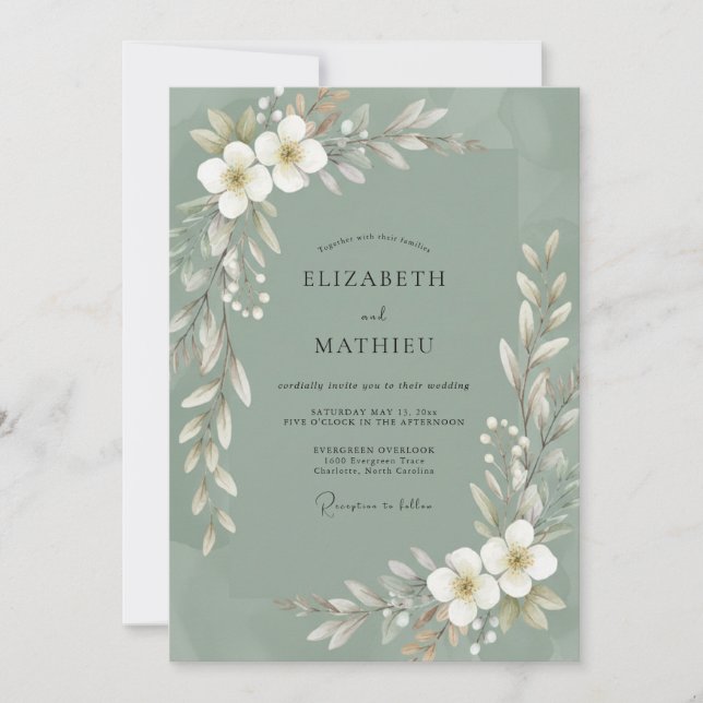 Olive White Leaf Wedding Invitation (Front)