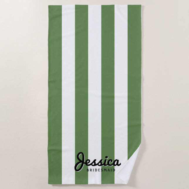 Olive & White Stripe | Bridesmaid Beach Towel (Front)